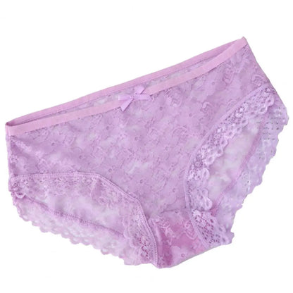Women Panties Mid Waist Breathable Stretch Hollow Bowknot Soft See-through Lace Sexy Ladies Briefs Underpants Underwear