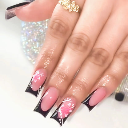 24Pcs Fairy White Flower Fake Nails Pink French Tip Press on Nails Short Square Wearable False Nail for Women Girls DIY Manicure