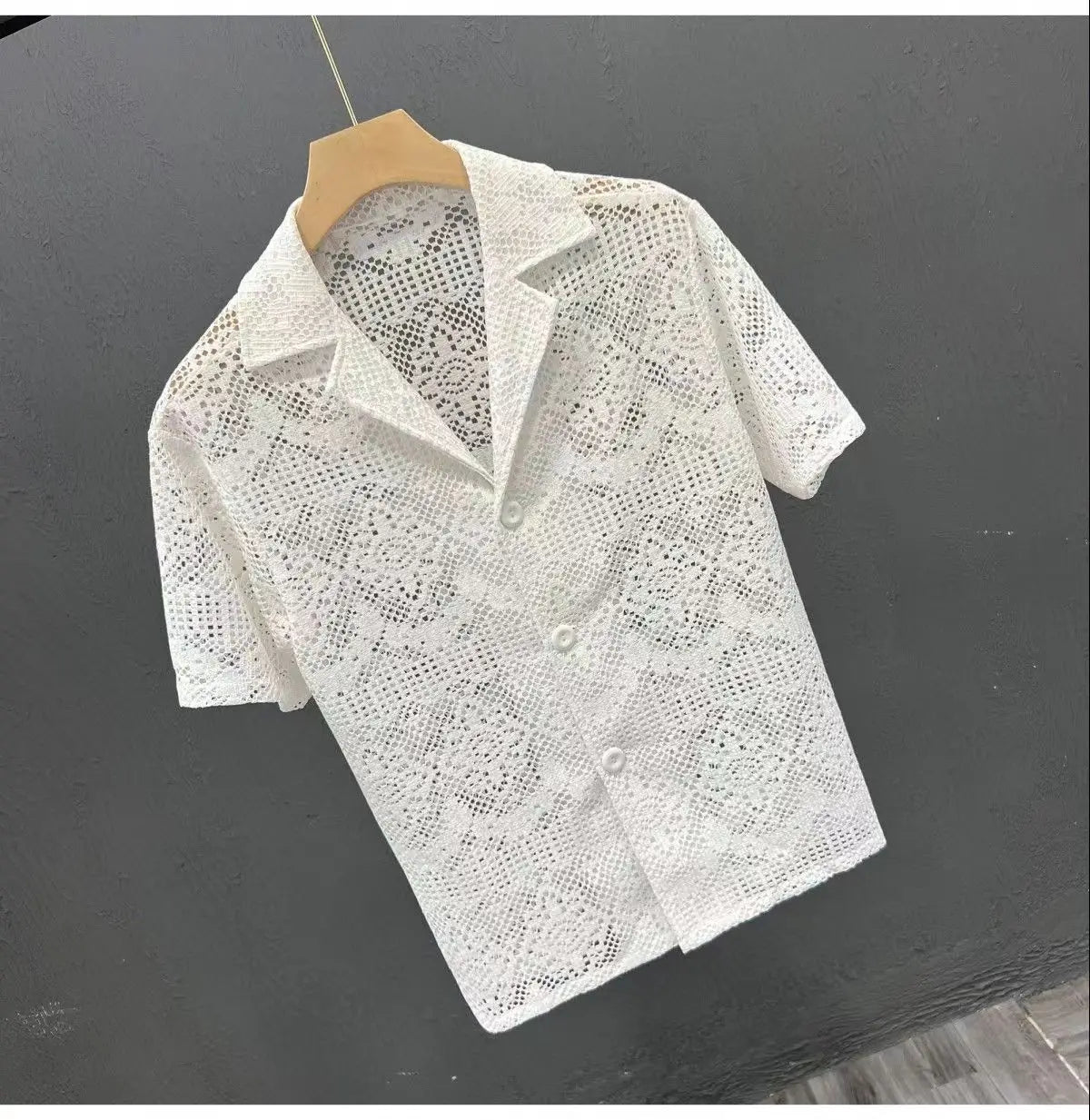Vintage Ice Silk Lace Shirts For Men Sexy Lace Breathable Hollow Out Tops Summer Fashion Cuban Collar Short Sleeved Shirt Male