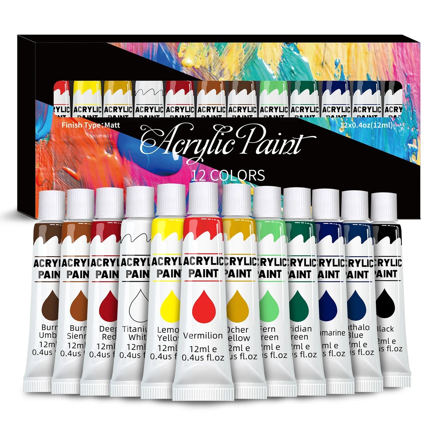 Acrylic Paints Set - 12/24 Colors 12ml Art Painting Kit Supplies for Wood, Canvas, Fabric, Rock, Glass - Non-Toxic Acrylic Paint