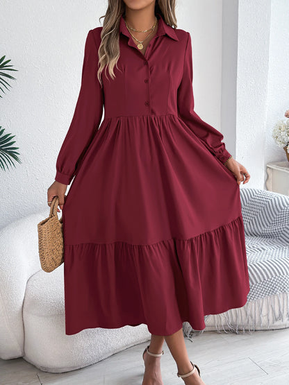 Casual Vacation Long Sleeved Turn-down Collar Single-Breasted Dress Spring Autumn Fashion Women's Clothing