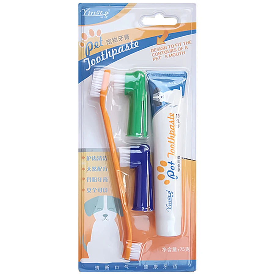 Pet toothbrush four piece set, dog toothbrush set, pet cleaning supplies, pet toothpaste