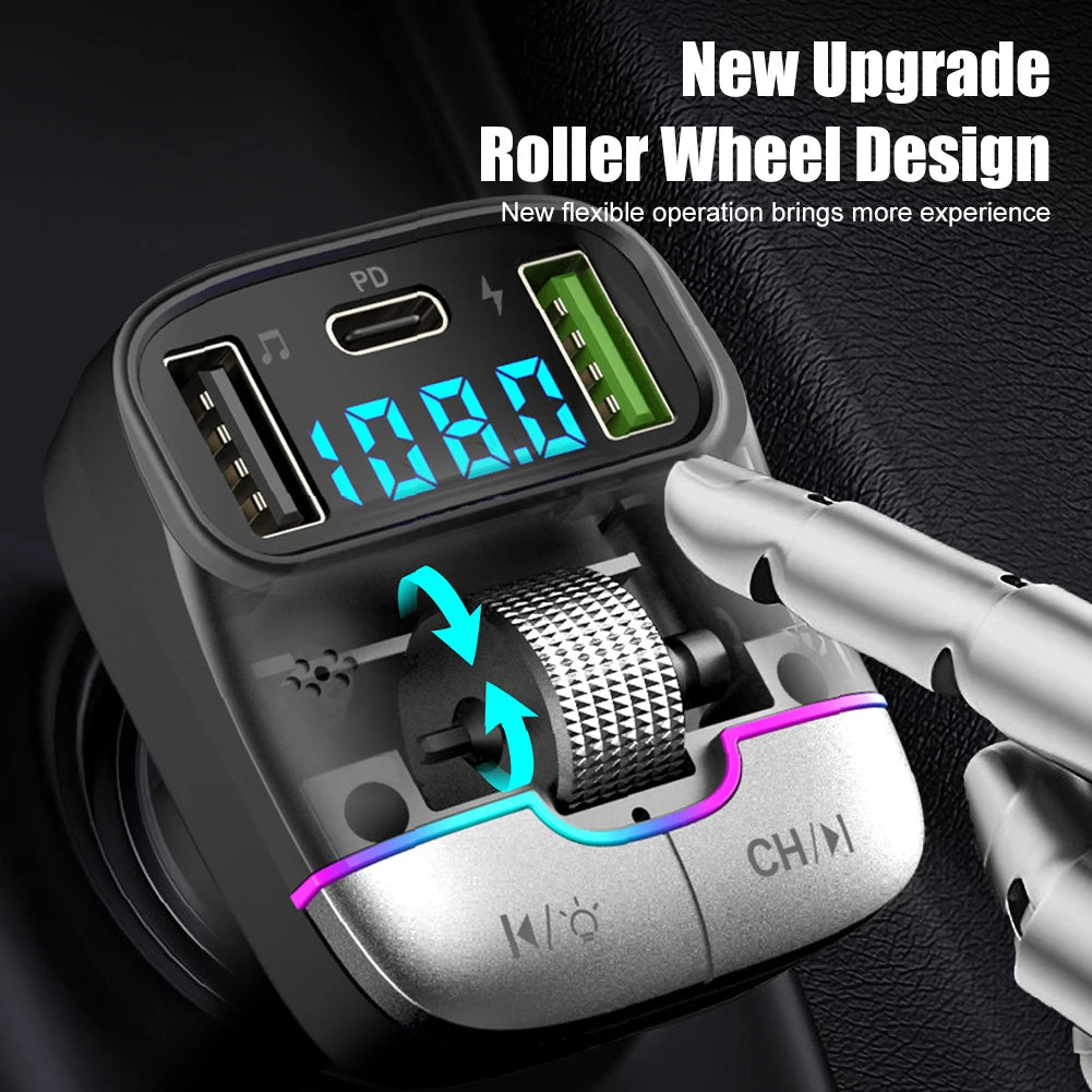 Bluetooth 5.3 Car FM Transmitter Wireless Bluetooth Car Adapter MP3 Player Handsfree Call Dual USB PD Fast Charger Roller Wheel