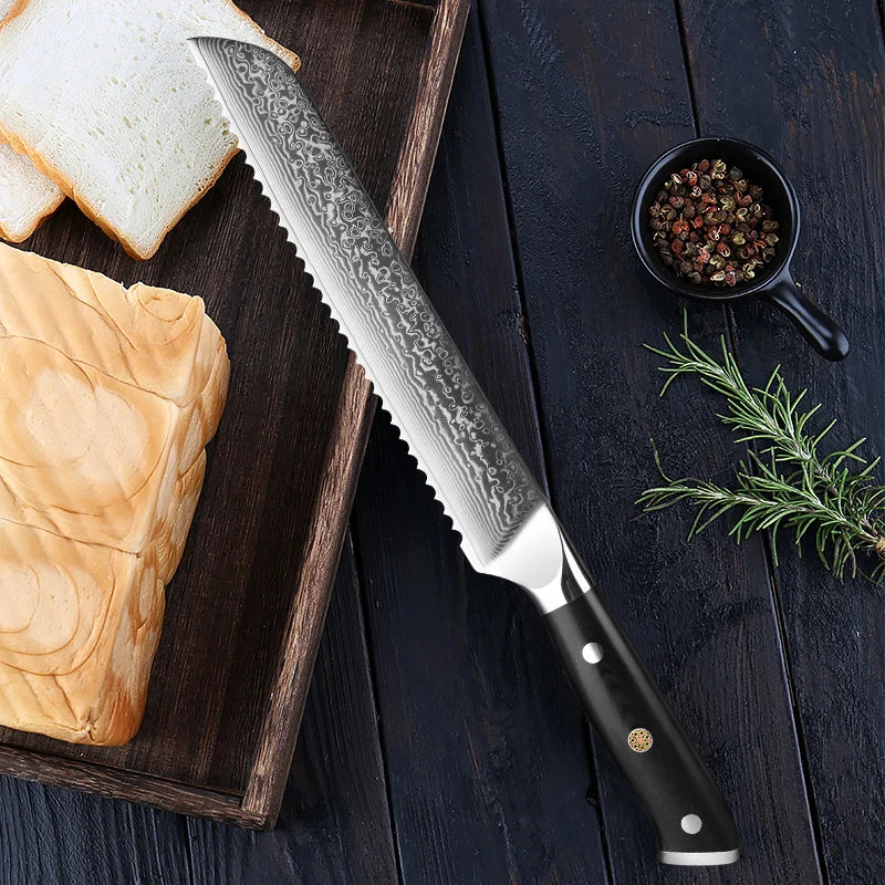 Damascus Bread Knife Professional Japanese VG10 Steel Bread Cutting Knife Serrated Cake Knife Bread Cutter for Crusty Bread