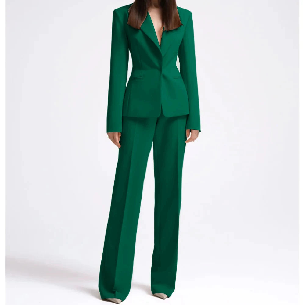 Office Lady Fashion Beige Women Suits One Button Peak Lapel 2 Piece Jacket Pants Slim Fit Smart Causal Conjuntos De Pantalones