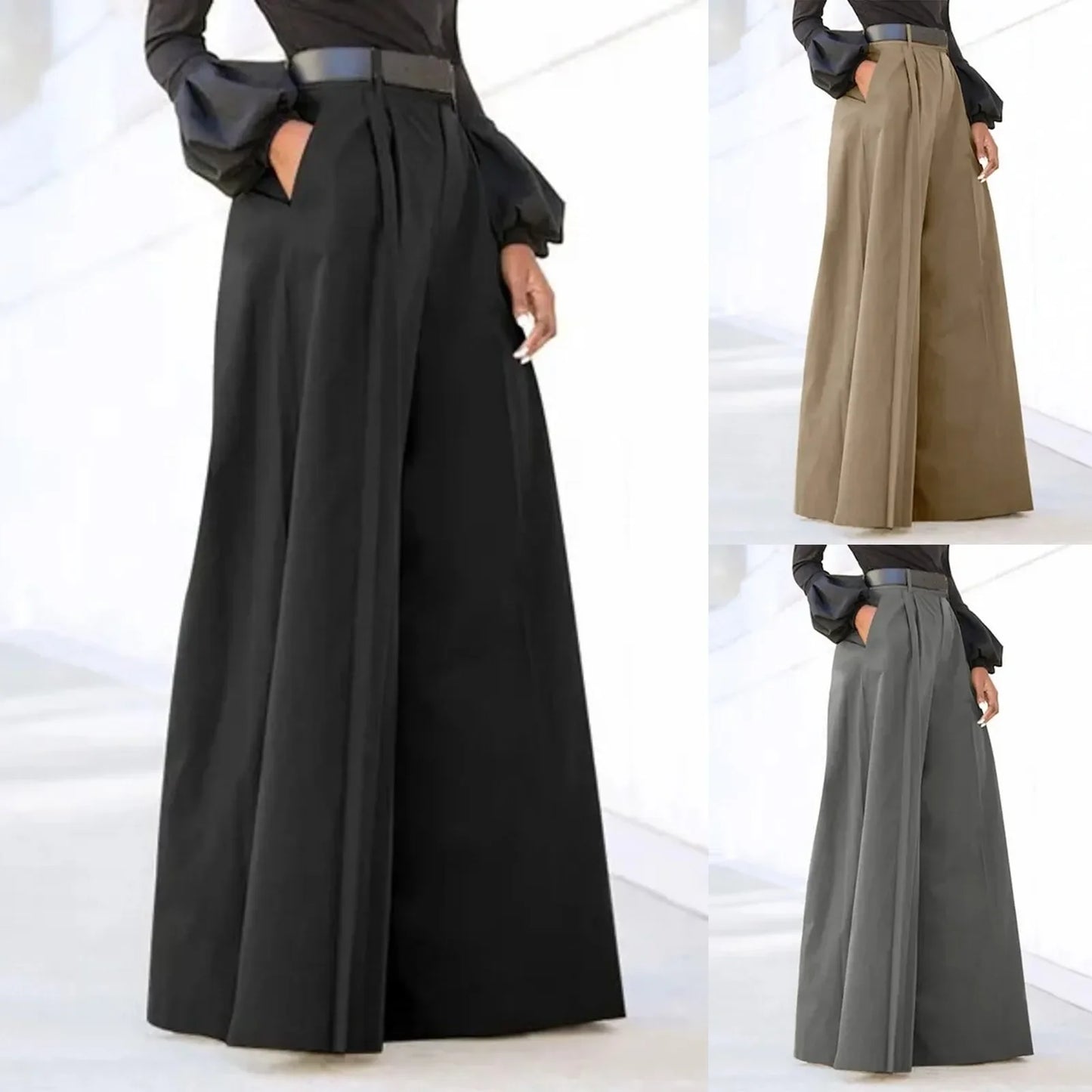 Flared Palazzo Pants For Women Cropped Cotton Linen Comfy Baggy Pants With Pockets Fashion Elegant Party High Waist Trousers