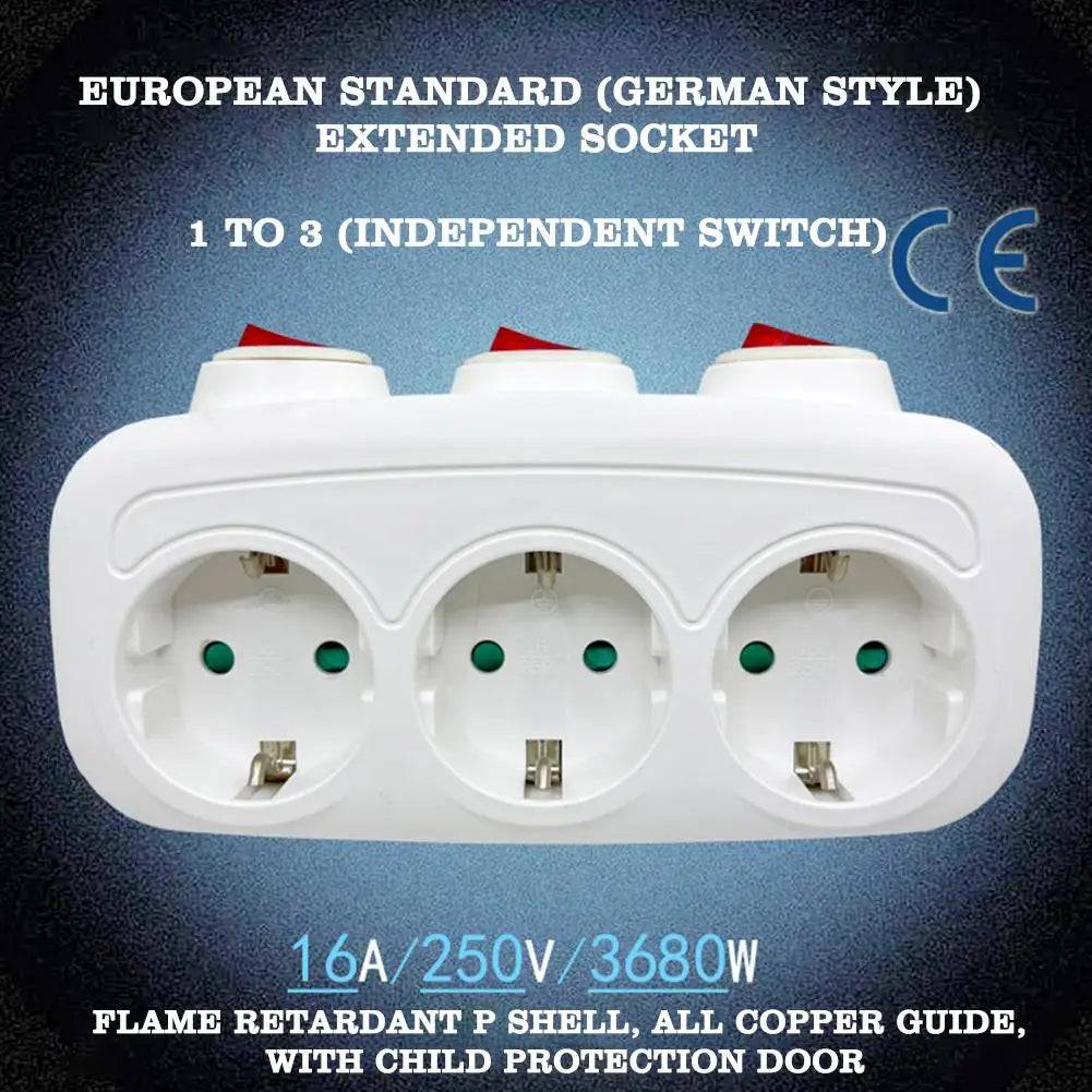 EU Electrical Sockets With ON/OFF Switch Euro Mounted 1 To 3 Way Germany Standard Extensions Adapter Power Plug Socket ﻿