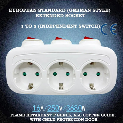 EU Electrical Sockets With ON/OFF Switch Euro Mounted 1 To 3 Way Germany Standard Extensions Adapter Power Plug Socket ﻿