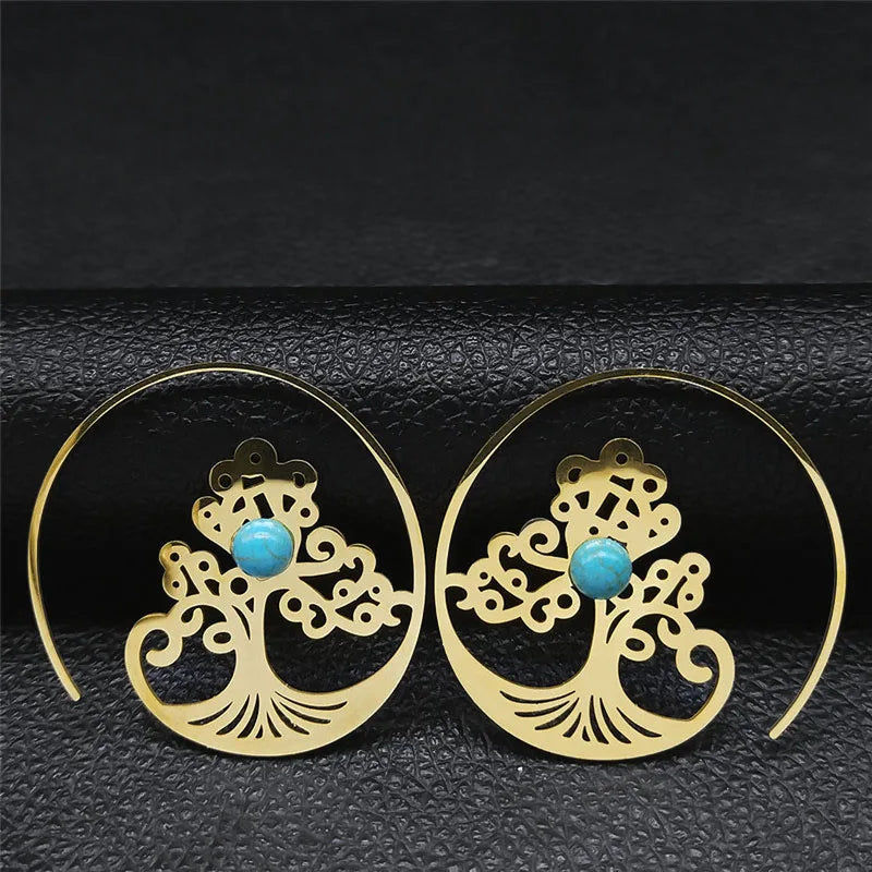 Vintage Ethnic Indian Carved Mandala Flower Dangle Earrings Stainless Steel Stone Boho Hollow Earring Jewelry pendientes flor