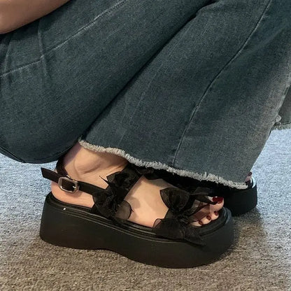 Women's Layered Bow Platform Sandals - Thick Cushioned Sole with Adjustable Ankle Buckle for Summer Casual Wear