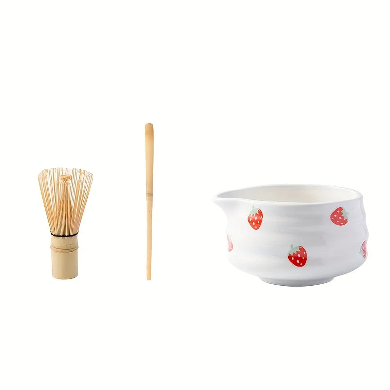 1/3/4/5pcs cute strawberry mouth matcha bowl and matcha whisk set, Japanese fresh matcha tool set and matcha bowl