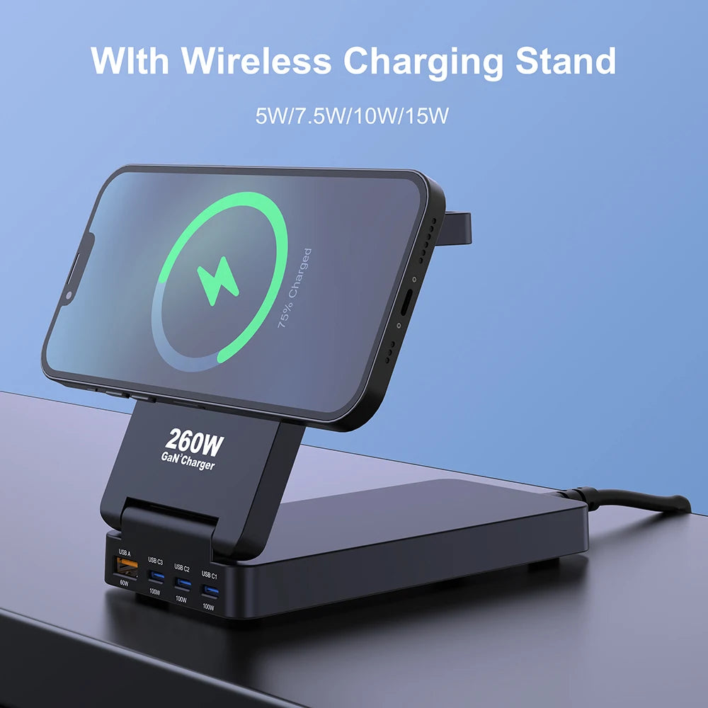 7-in-1 Charging Station 260W GaN Fast USB C Desktop Charger 15W Magnetic Wireless Charger for iPhone 16/15 Pro Max MacBook Pro