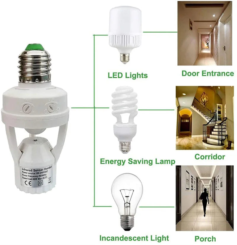 Smart Home PIR Motion Sensor Light Socket E27 LED Bulb Base Adapter with Light Control Smart Switch Residential Security