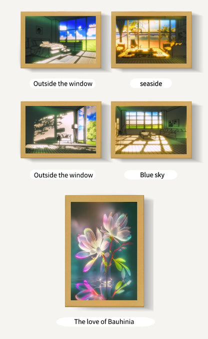 Beautiful LED Light Painting Indoor Sunlight Window Wooden Photo Light Dimming Wall Artwork Table Lamp Home Decor Night Lamp