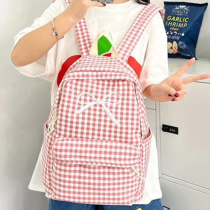 Cute Bowknot Plaid School Backpack Lightweight School Bag Nylon Student Rucksack for Girls Women High School College Work