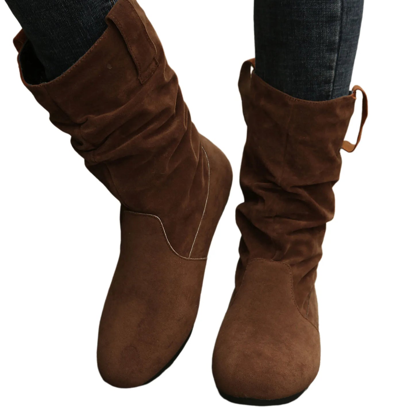Womens Heel Boots Mid Calf Ladies Fashion Solid Colour Simple Round Toe Suede Flat Bottom Sleeve Cowboy Boots Women with Crosses