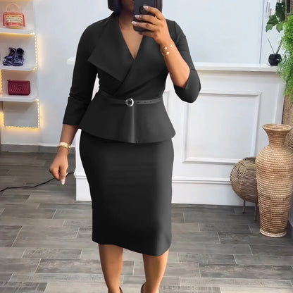 Elegant Office Dresses for Woman V Neck Full Sleeve Belt Waisted Sheath Package Hips Mid Calf Formal Business Work Wear Gowns OL