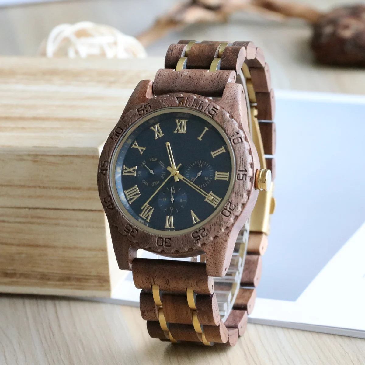 Men's Wooden Wrist Watches for Men Chronograph Fashion Wristwatches Business Blue Wood Mens Watches Clock reloj madera hombre