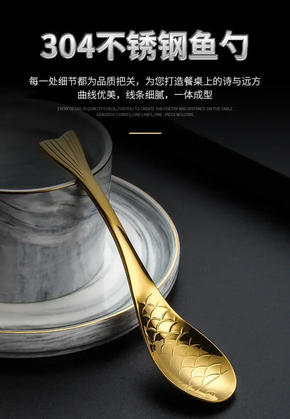 304 stainless steel spoon spoon creative fish-shaped cartoon fish spoon dessert spoon rice spoon gold-plated  stirring spoons