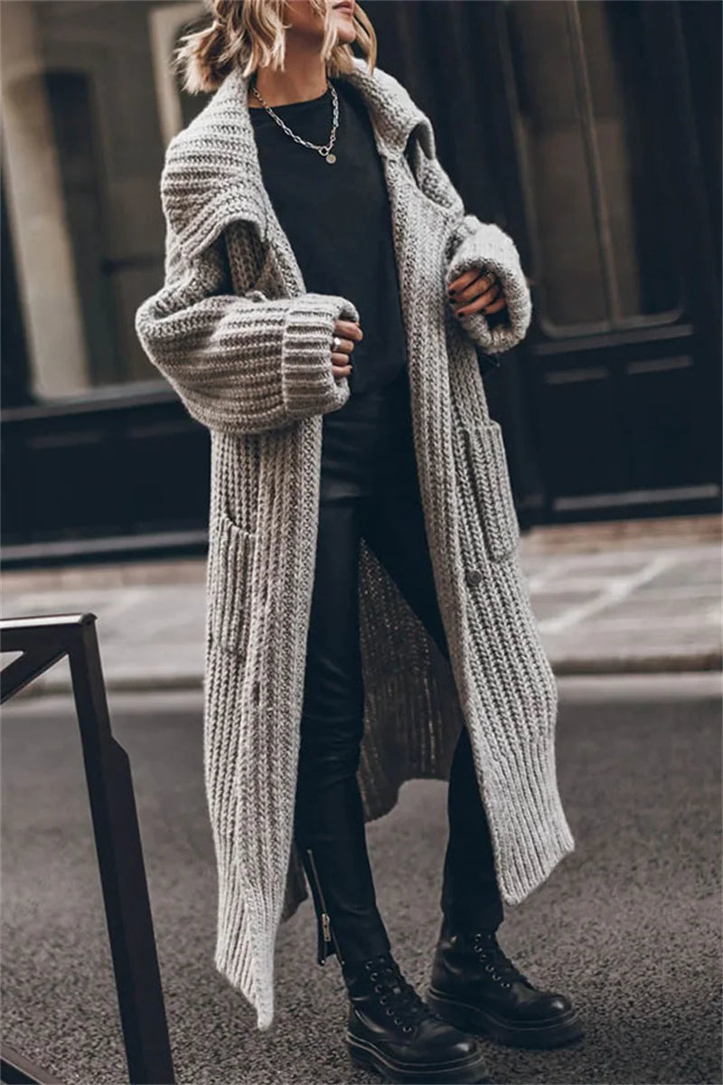 2024 Women's Autumn and Winter Maxi Cardigans Single Breasted Oversized Sweaters Solid Color Large Collar Boho Long Knitwear
