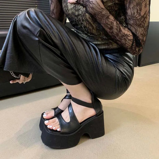 Black Gladiator Sandals Woman Platform High Heels Summer Back Zipper Shoes Punk Chunky Sandals Female Samdalias De Plataforma