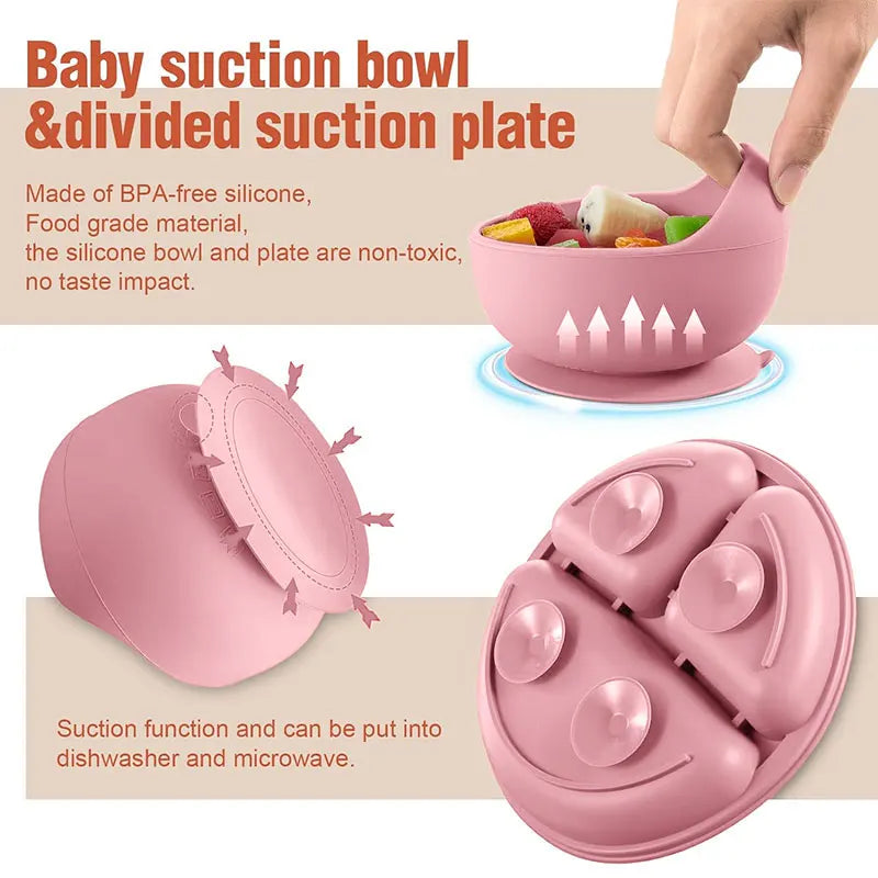 Children's silicone tableware set Baby Complementary Food Training 1/2/3/5PCS Set Sucker Bowl Bib Cup Fork Spoon Set Maternal
