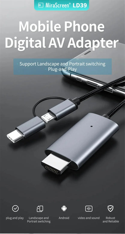 LD39 Wire HD Streaming Display TV Stick Dongle Micro USB Type C to HDMI Cable Mirroring Screen for Android Phone Tablet to TV