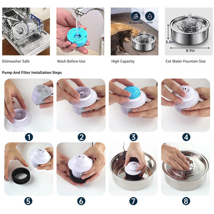 Cat Water Fountain 304 Stainless Steel 2.0L Automatic Circulating Pet Water Fountain Ultra-Quiet Pump with LED Light Cat Fountai