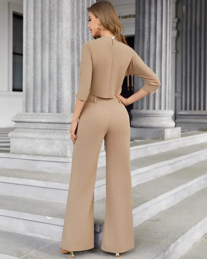 Elegant 2-Piece Women's Office Outfit Set with Mock Neck Crop Top And Buttoned Pants with Pocket Lady Work Wear matching Sets