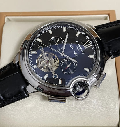 CASENO Fashion Trend Men's Blue Light Glass Night Light Scale Multi functional Fully Automatic Tourbillon Mechanical Watch 831BG