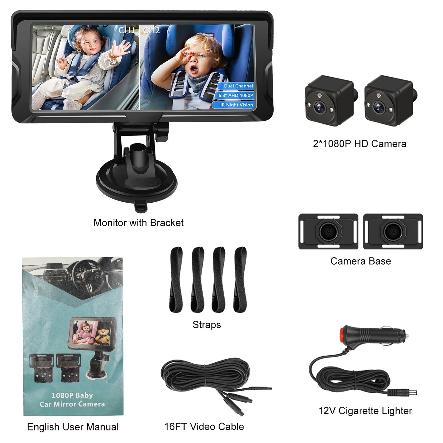 Car Baby Camera Dual Channel 6.8inch 1080P Display with 2 IR Night  Camera and 150° Wide View Angle Automotive Baby Camera
