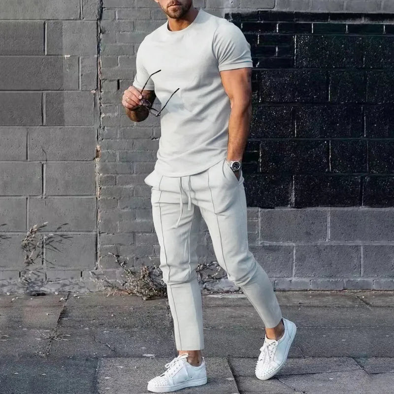 Sports Set Mens Fall 2023 Summer Solid Casual Round Neck Short Sleeve Sports T-shirt Two Piece Set for Men