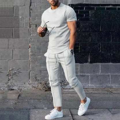 Sports Set Mens Fall 2023 Summer Solid Casual Round Neck Short Sleeve Sports T-shirt Two Piece Set for Men