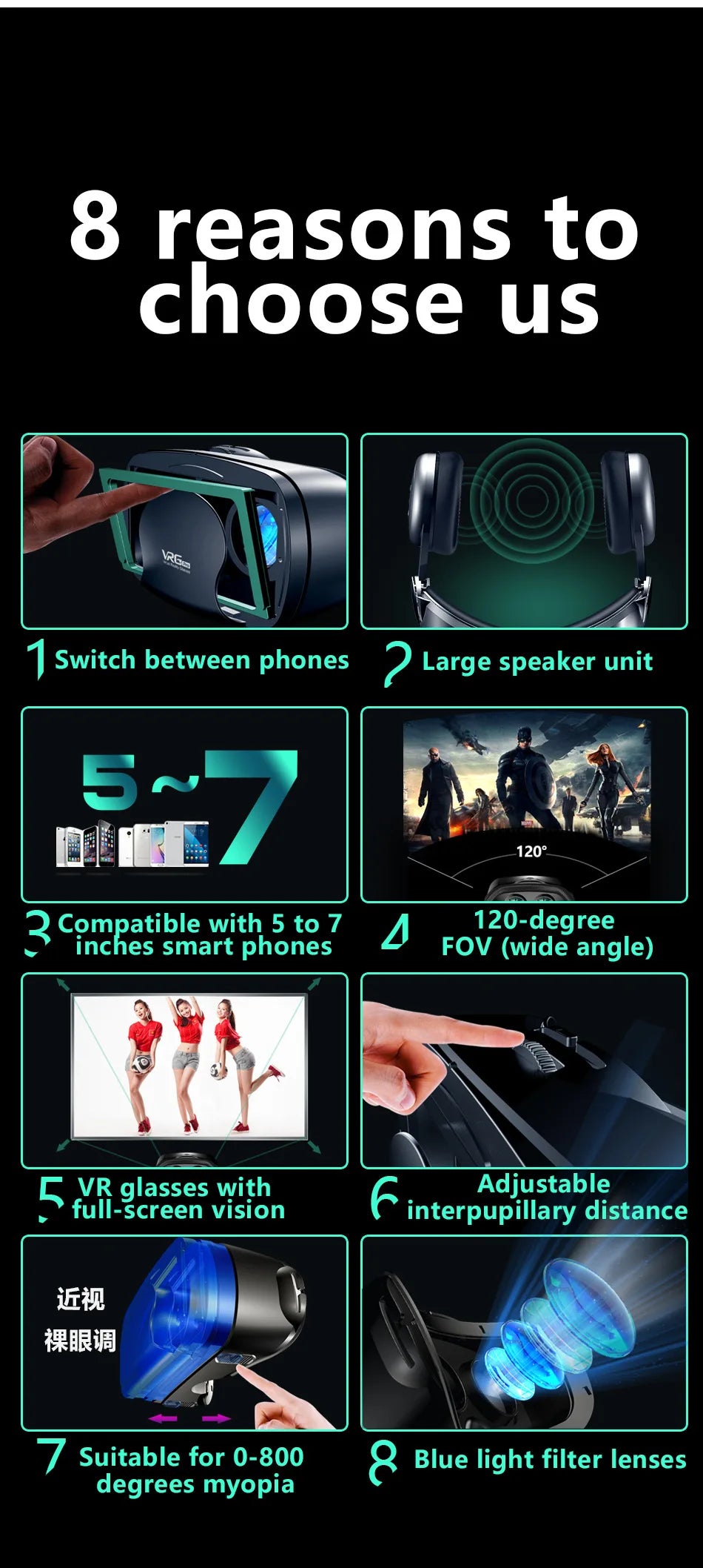 Virtual Reality 3D VR Headset Smart Glasses Helmet for Smartphones Cell Phone Mobile 7 Inches Lenses Binoculars Goggles Devices