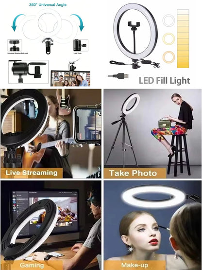 LED Selfie Ring Light 10-inch USB Plug 3-tone Lighting Photography Light Video Recording Live Broadcast Fill Light Gifts