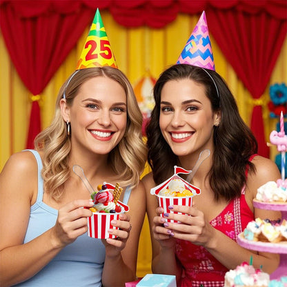 24Pcs Ice Cream Cups with 100 Spoons Carnival Party Circus Tent Shaped 8 oz Paper Carnival Cup Red White Striped Snack Cup Party