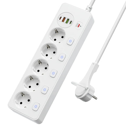European plug Smart Power Strip with Multi USB Port Type-C, Independent Control Socket 2 meters Cable with Overload Protection