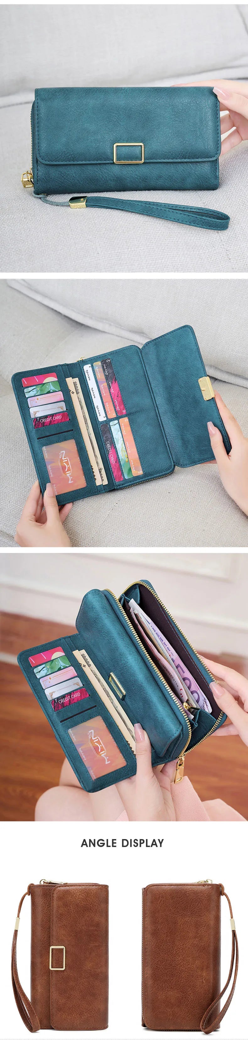 RFID Blocking Women's Wallet Large Capacity Credit Card Holder Clutch Bag Trifold Large Capacity Zipper Long Wallet Coin Purse