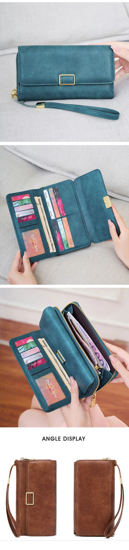 RFID Blocking Women's Wallet Large Capacity Credit Card Holder Clutch Bag Trifold Large Capacity Zipper Long Wallet Coin Purse