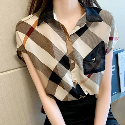 Office Wear Short Sleeve Chiffon Casual Pretty and Cheap Women's Blouses Korean Plaid Youth Woman Buttoned Shirts Trends Top Hot