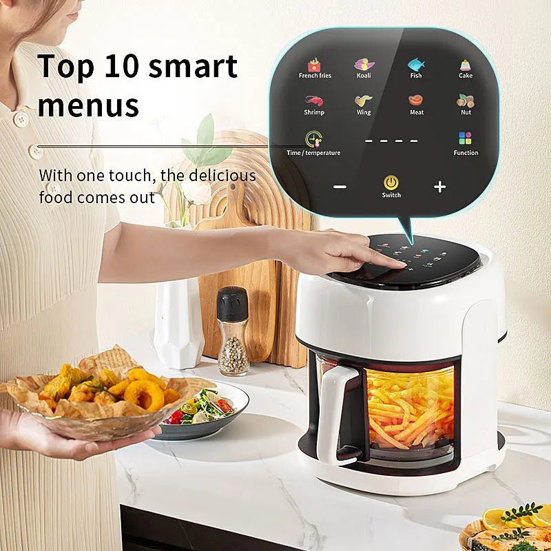 Smart Electric Air Fryer Large Capacity Convection Oven Deep Fryer Without Oil Kitchen 360°Baking Viewable Window Home Applianc