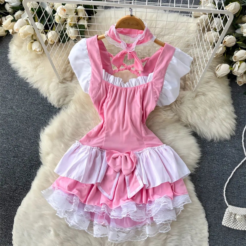 Women Lolita Summer Mini Dress Y2k Servant Low Cut Lace Patchwork Mini Dress Birthday Cocktail Role Play Maid Short Dresses