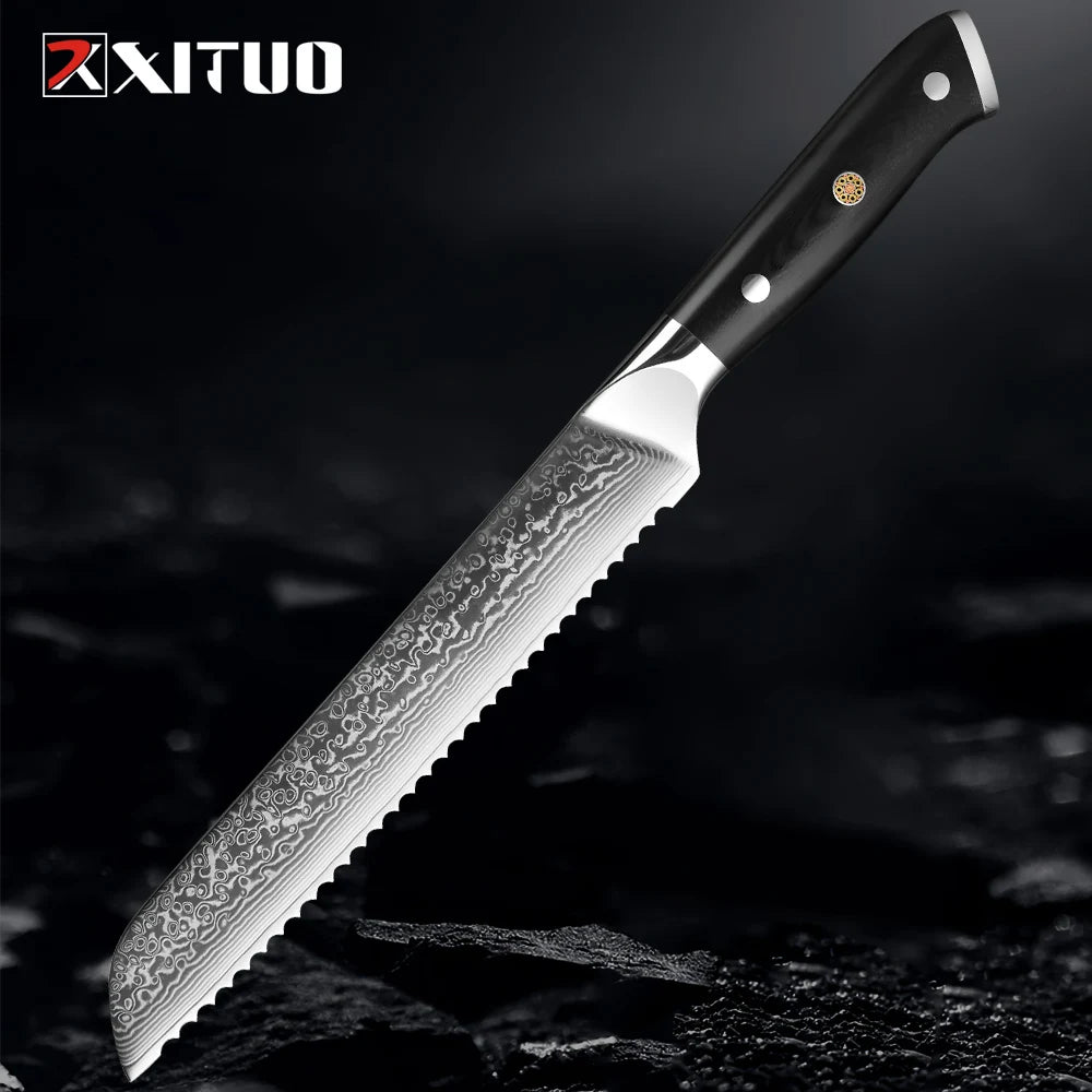 Damascus Bread Knife Professional Japanese VG10 Steel Bread Cutting Knife Serrated Cake Knife Bread Cutter for Crusty Bread