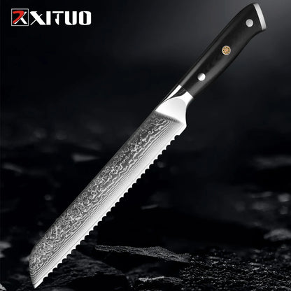 Damascus Bread Knife Professional Japanese VG10 Steel Bread Cutting Knife Serrated Cake Knife Bread Cutter for Crusty Bread