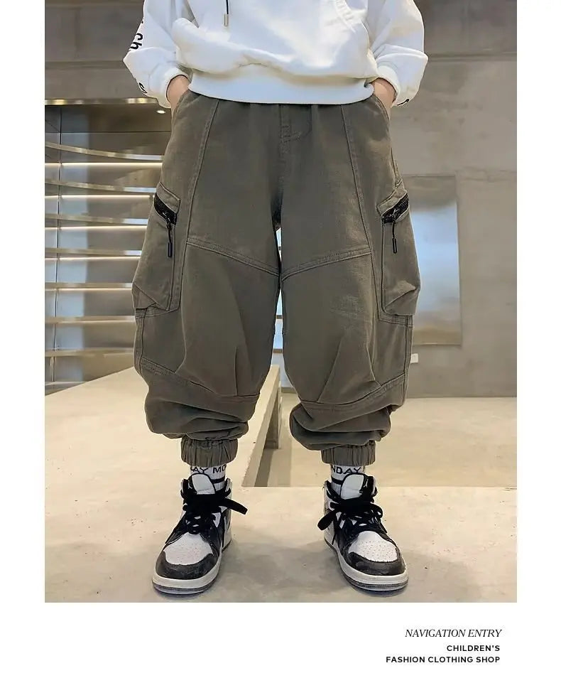 Boys Spring Autumn Children's Clothing Cargo Pants Children's Casual Large Size Sweatpants Boys Fashion Fake Zippers Cargo Pants