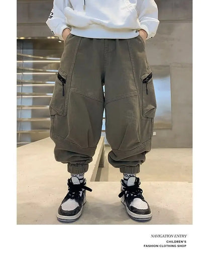 Boys Spring Autumn Children's Clothing Cargo Pants Children's Casual Large Size Sweatpants Boys Fashion Fake Zippers Cargo Pants