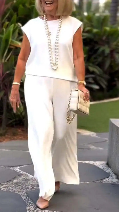 Elegant Women 2-piece Office Set 2025 Group Of Pant Outfit Ladies Temperament Sleeveless O-Neck Blouse Tops&Wide Leg Pants Suit