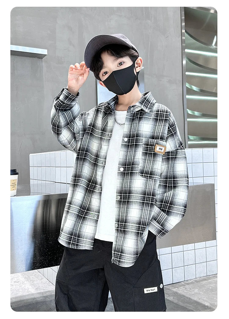 Baby Boys Shirts Fashion Classical Black White Color Plaid Blouse Gentlemen's Long Sleeve Shirt Teen Kids Tops Boys Clothes 5-14