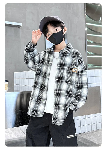 Baby Boys Shirts Fashion Classical Black White Color Plaid Blouse Gentlemen's Long Sleeve Shirt Teen Kids Tops Boys Clothes 5-14