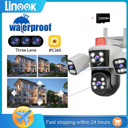 Linook WiFi surveillance camera, 12MP, 6K, 360,3 lenses, CCTV outdoor WiFi camera, IP camera, PTZ security camera